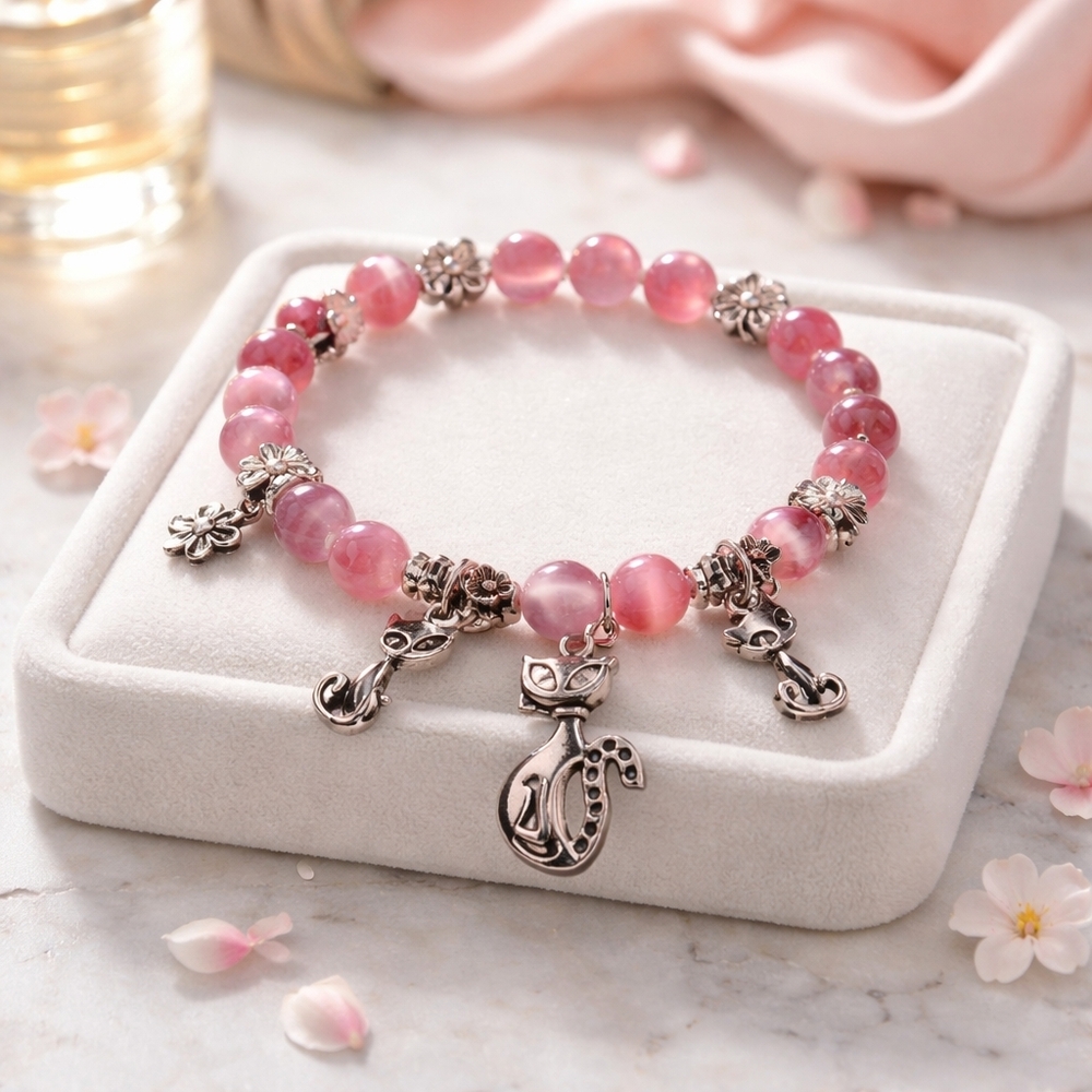 Charming Pink Cat's Eye Crystal Beads With Cat Charms.